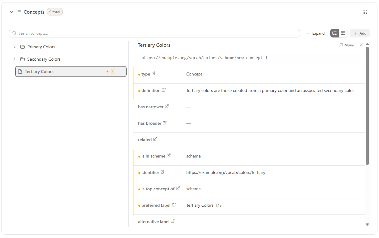Screenshot showing an example vocabulary concept being edited within the UI